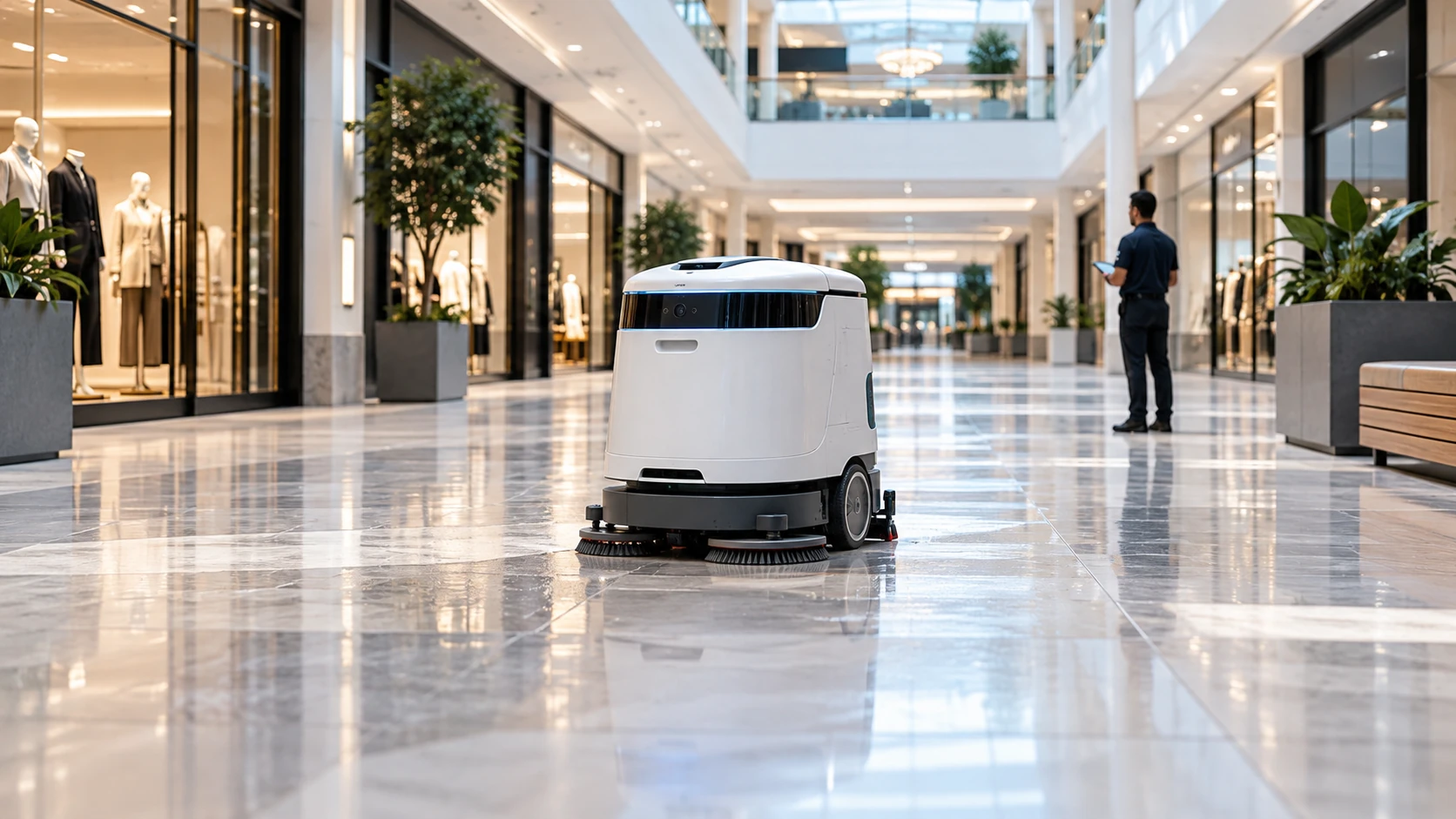 AI-generated autonomous floor cleaning scene in a shopping mall