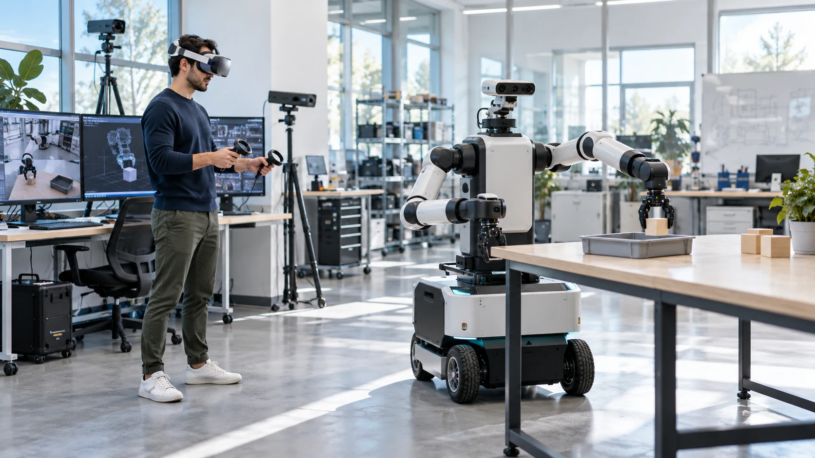 Operator using a VR headset to teleoperate a robot arm at a workstation