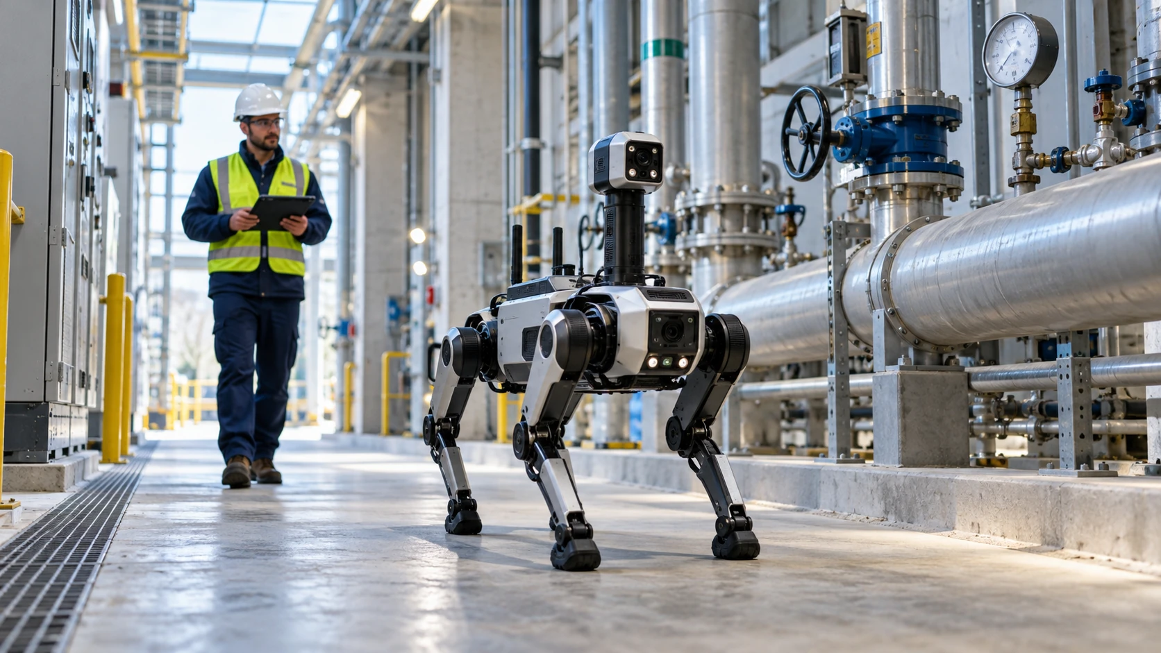 Quadruped robot carrying inspection equipment at an industrial facility
