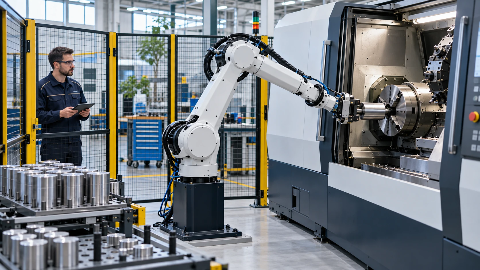 Collaborative robot arm handling parts beside a machine tool
