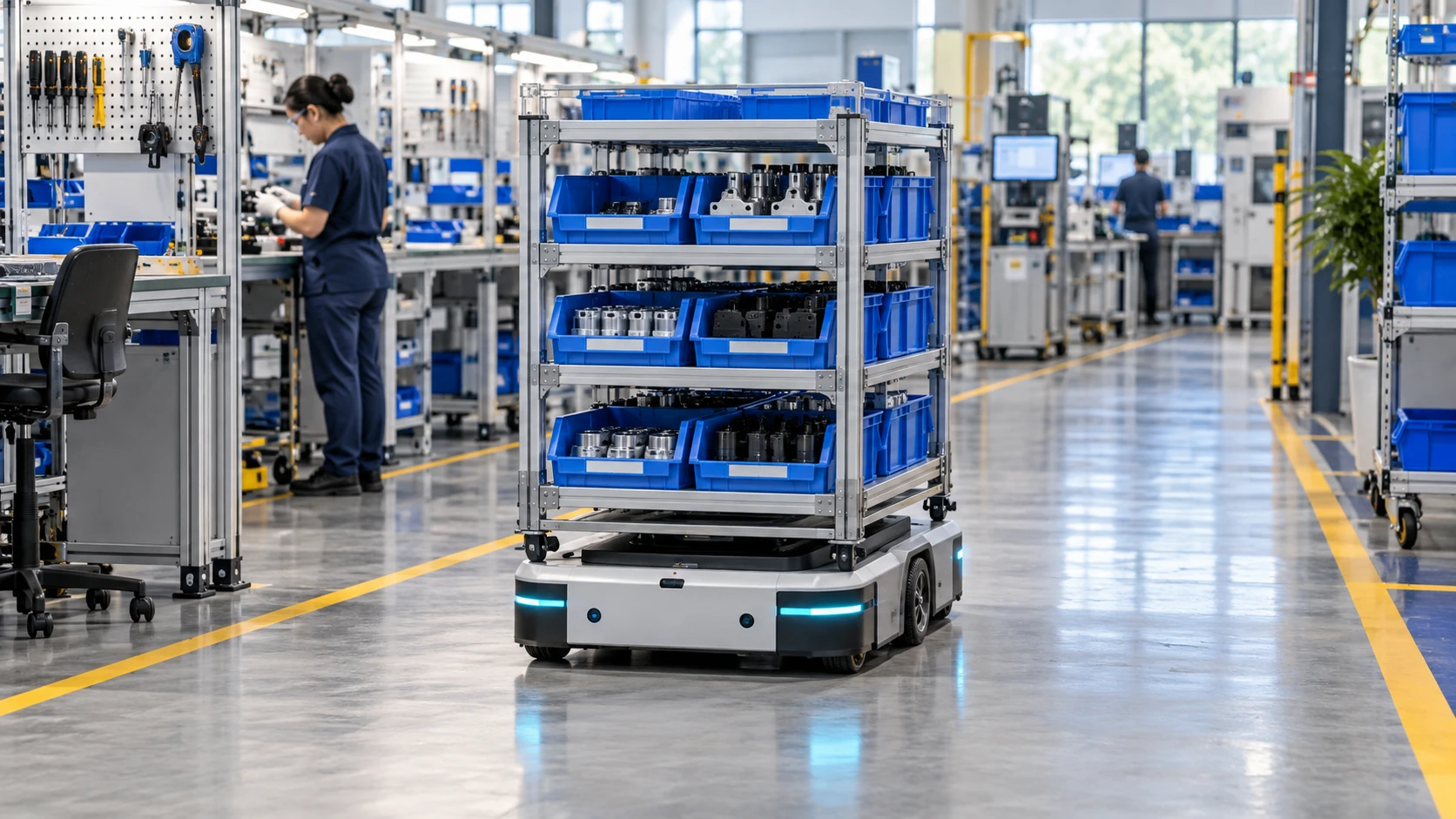 Industrial mobile robot transporting a tote rack through a factory aisle
