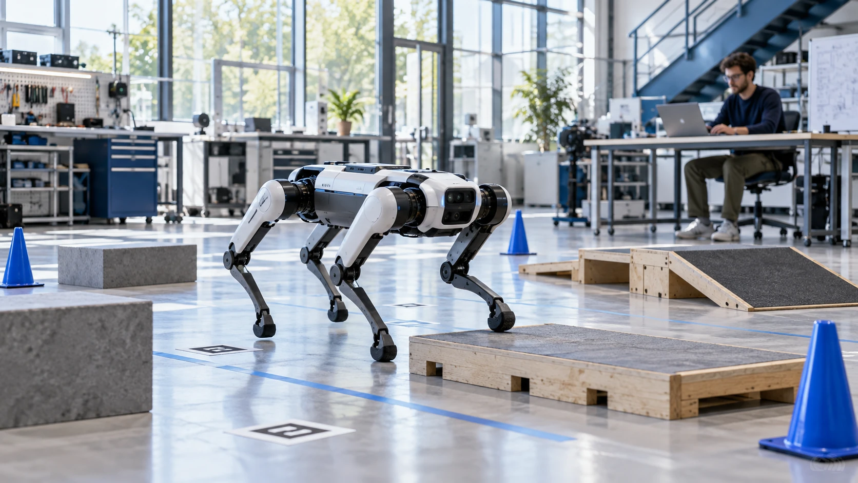 Researcher working with a quadruped robotics platform