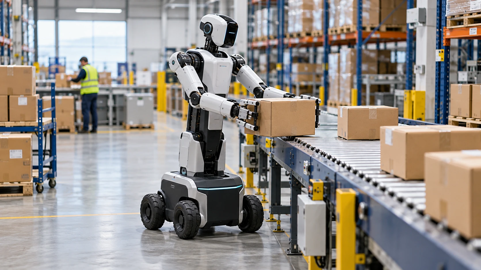 Illustrative wheeled humanoid handling parcels at a warehouse conveyor