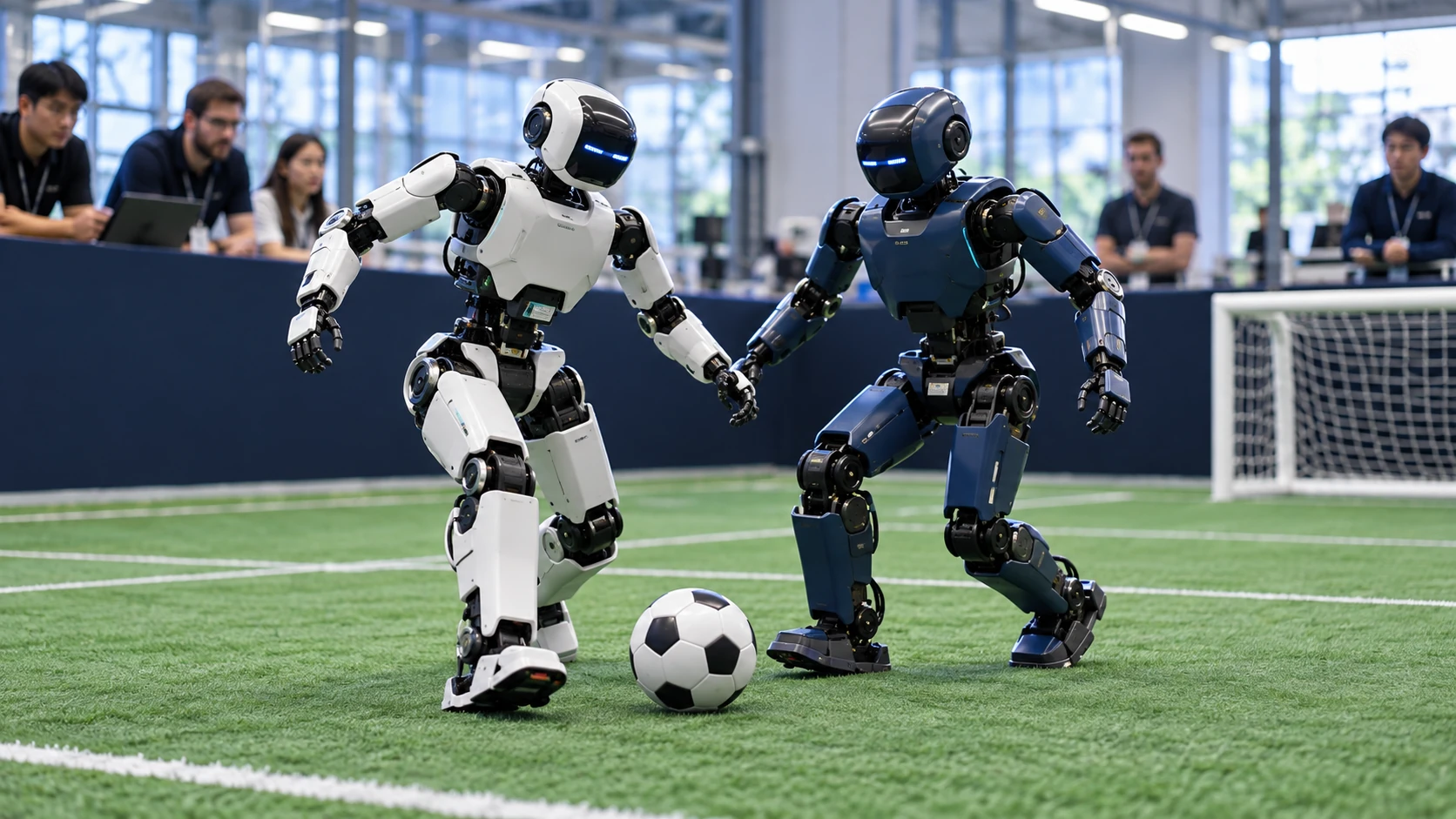 Humanoid robots playing football on a competition pitch