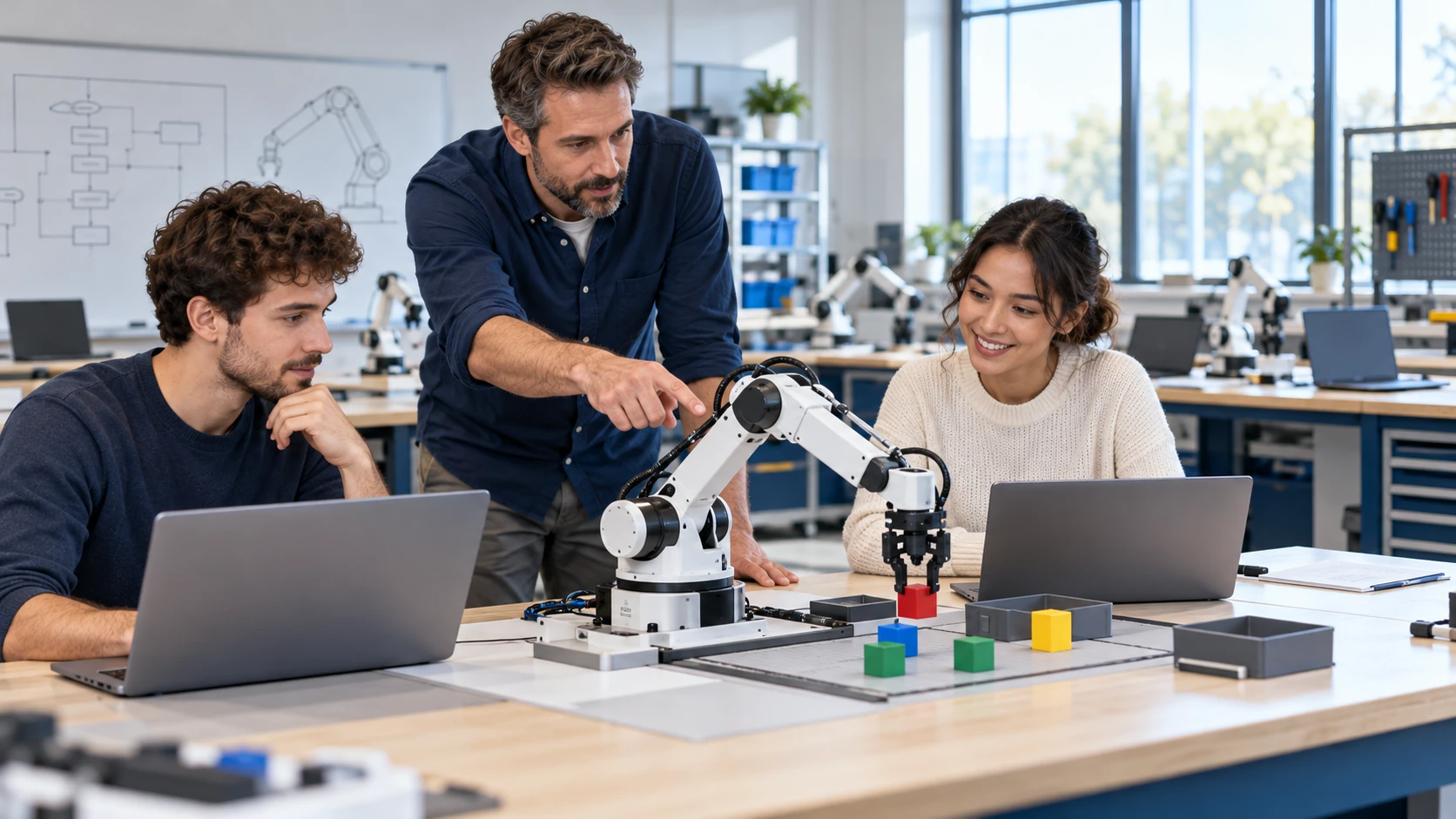 Instructor and students programming a tabletop robotic arm in an automation lab